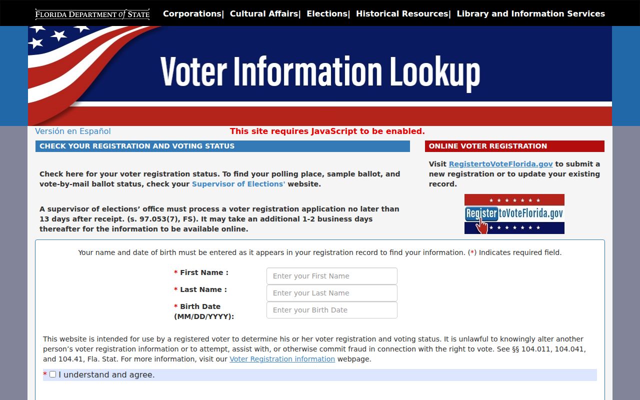Florida voter status self-lookup for a Lauderhill voter