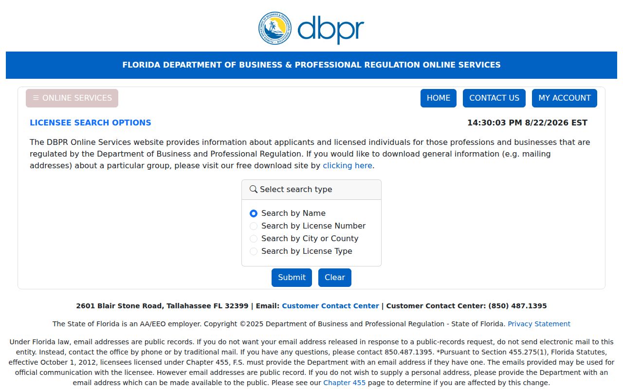 Florida DBPR license verification options for a Lauderhill name search