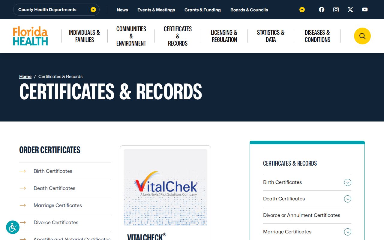 Florida Vital Statistics certificate routes used for Lauderhill resident research